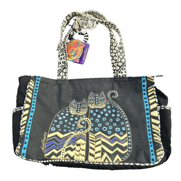 Laurel Burch Large Cat Design Black Blue Gold Accent Tote Bag - Picture 1 of 7